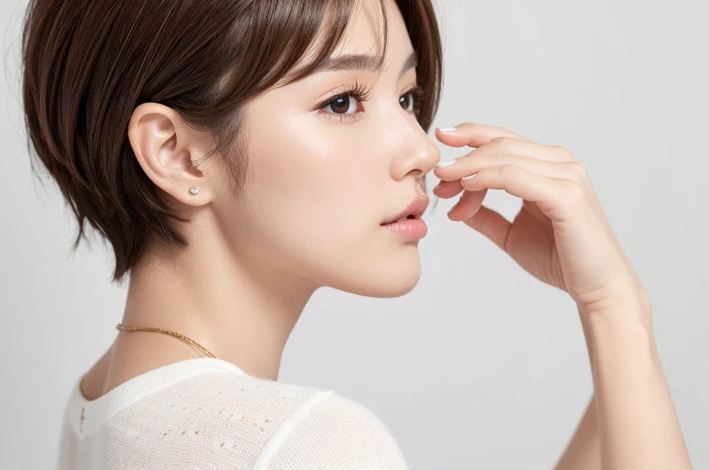 (Highest quality、Tabletop、8K、Best image quality、Award-winning works)、((profile:1.4))、ear、((short hair:1.46)),(Brown Hair)、(White casual clothes:1.2)、(The simplest pure white background:1.3)、(Perfectly fixed in front:1.1),(Portrait with Space:1.2)、Beautiful and exquisite、Perfect Makeup、Ultra-high definition beauty face、Ultra HD Hair、Ultra HD Shining Eyes、Super high quality glossy lip、Accurate anatomy、Very beautiful skin、(Pure white skin shining in ultra-high resolution:1.1)、(Very bright:1.2),Big Natural Color Lip、Lip gloss,Harajuku、cute、cute美人