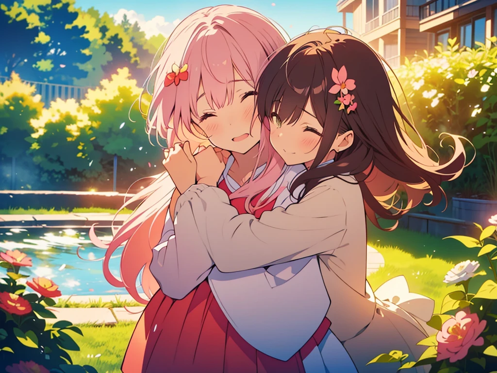 kawaii, anime, Cute, hyper quality, highly detailed, 8k, Clarity, One person has long dark brown hair and green eyes., The other is a young girl with a bright pink short bob and scarlet eyes., Hug each other in Europe's natural water gardens, shed tears, A touching reunion, warm atmosphere, clear blue sky, jump on, whole body, clear air, planted flowers and greenery, Draw facial expressions in detail, highlight on eyes, Close your eyes and cry and laugh, pull perspective, hoodie, Uplifting, jump and hug, Draw the whole body of both of them, light dances, pink hair, Netherlands, pick up a , A small butterfly of light dances, there is a height difference, pink hair, dark brown long hair,