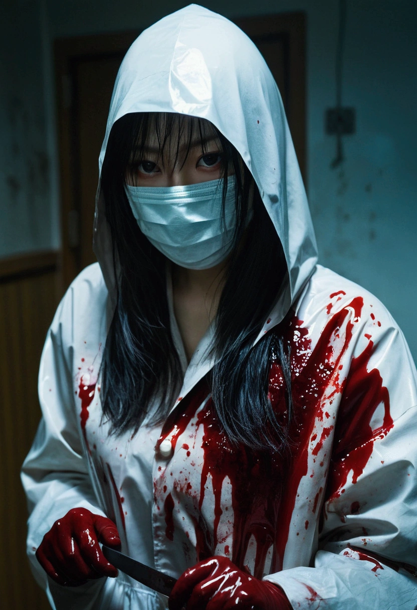 korean beautiful girl, (behind corpse, surgical mask), holding knife, stabbing, latex gloves, room full of blood, transparent raincoat, hood up, holding knife, latex gloves, behind corpse, blood splatter, long bangs, night, mass murderer, robbery, dark atmosphere, cinematic lighting, atmospheric realistic,