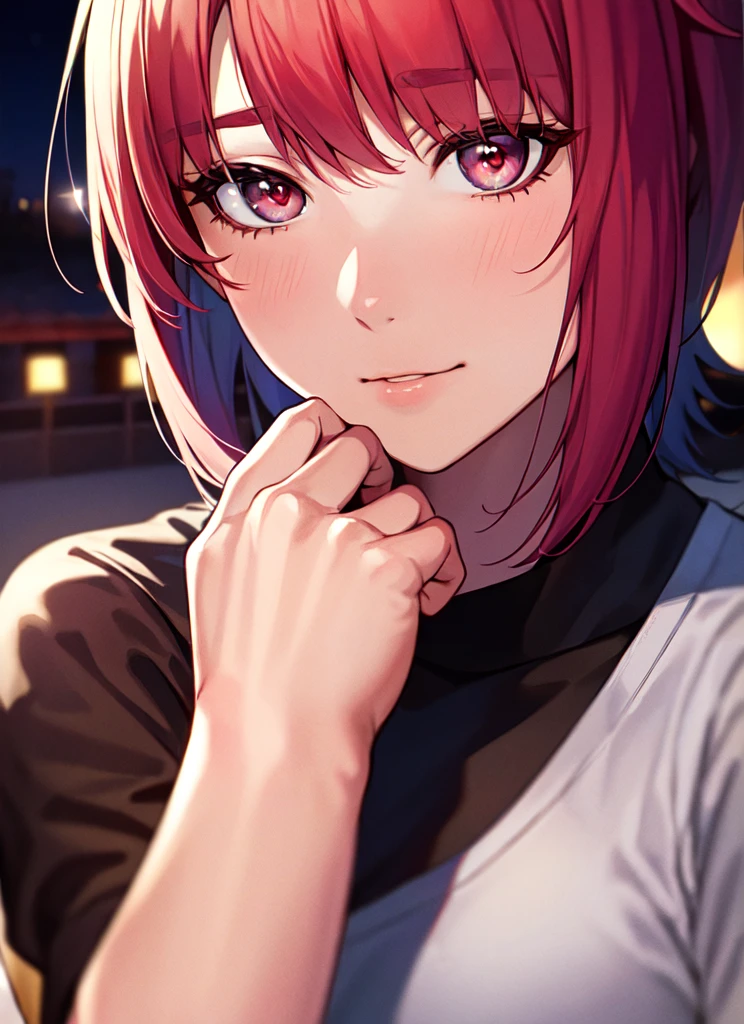 {{kana arima:1.2}}, {Oshinoko}, (8K), ((Best Quality)), (Ultra-Detailed), High Resolution, Extremely Details CG, ((Photorealistic:1.2)), official art, by famous artist, perfect hands, perfect anatomy, super detailed skin, Beautifully Detailed Eyes, Beautifully Detailed Skin, Beautifully Detailed Hand, Beautifully Detailed Fingers, Beautifully Detailed Lip, Shiny Skin, Shiny Skin, Glossy Skin, PUPILS SPARKLING, Moody Lighting, Film Reflection, Deep Rendering, beautiful countenance, 1 girl in, Solo, 25 years old, pink-red-purple hair, (bowl cut hair:1.2), ((大きくて丸い目)), 明るい女の子, red-black eyes, room, night, 黒のTシャツ, 青いスカート, full body, smug,