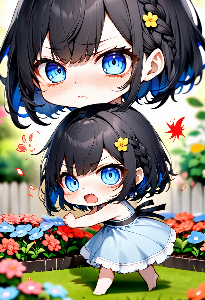 Highest quality、High resolution、Detailed Background、Beautiful face in every detail、Anatomically correct、Detailed facial expressions、fine grain、((From the side))、((One Girl))、Chibi Girl、 Black Hair、beautiful clear big blue eyes、Braided Bob、Sleeveless dress、The background is a flower bed、Very angry、Punch with bare handotion Blur:1.5), (Blurred hands:1.5)