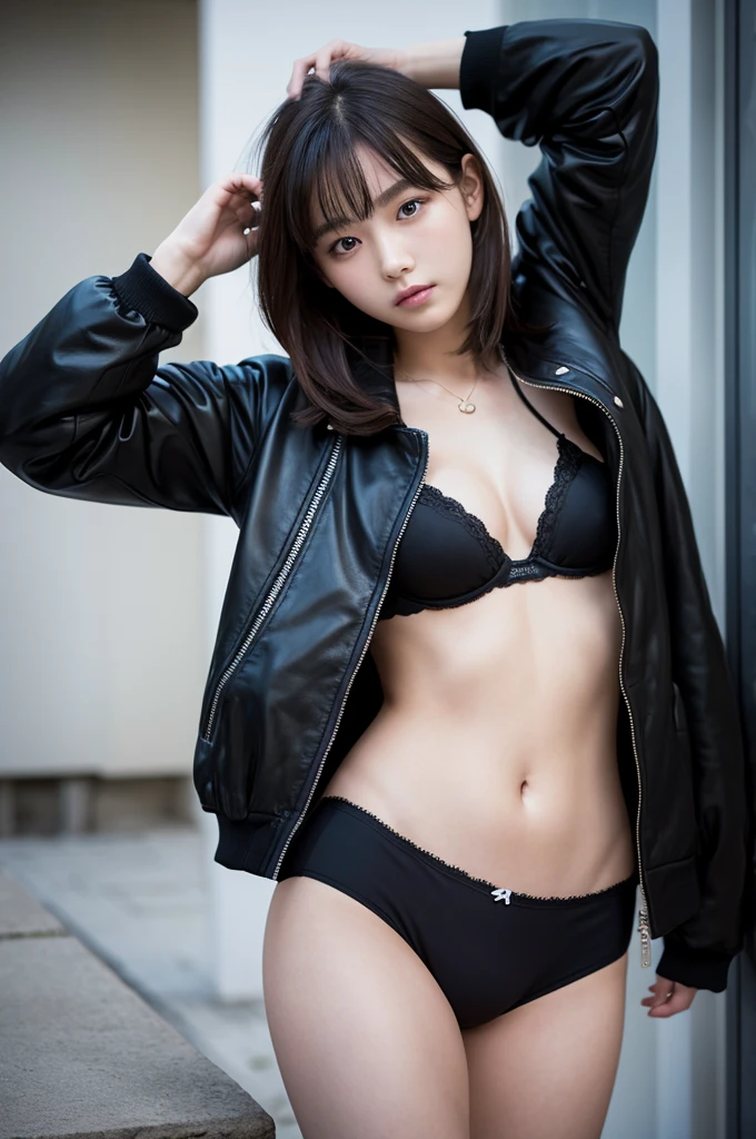 Photography of 20-year-old women, Perfect face, masterpiece, OK, underwear, Black_OK, jacket, Black_