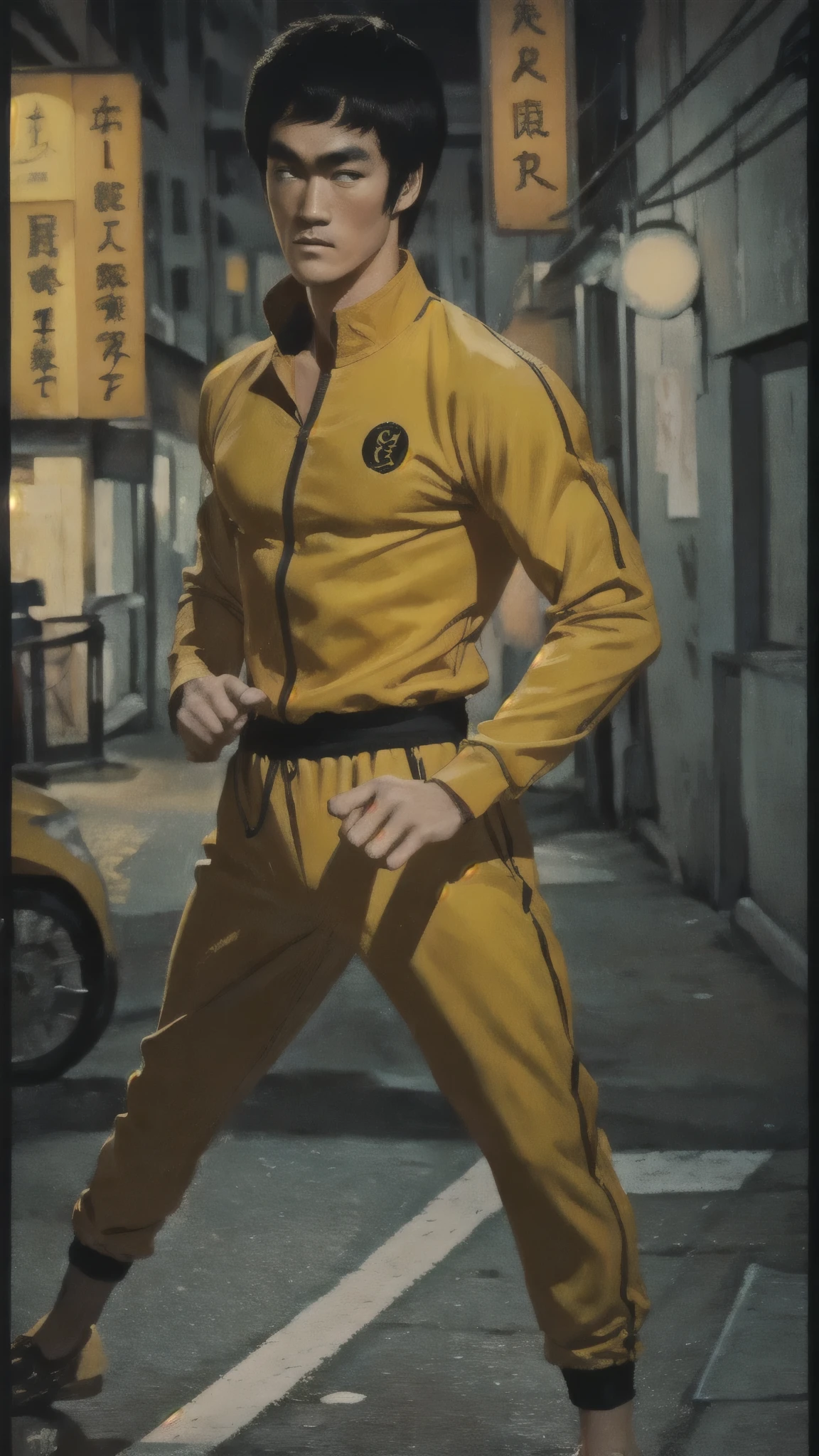 Bruce Lee wears a yellow tracksuit、Hong Kong backstreet background at night、Face the enemy、