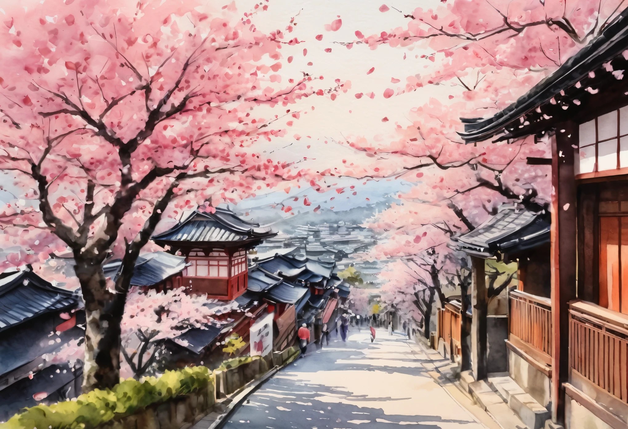 (Cherry blossom And Street:1.5), (ink and watercolor painting:1.5), (Tasteful:1.5), (ink and watercolor painting:1.5), (full color:1.5), 8k, 4k, (landscapes:1.5),(cherry blossom trees:1.5),(wind:1.5),(flying cherry blossom petals:1.5),(kyoto:1.5),(pink theme:1.5),kiyomizu temple in background