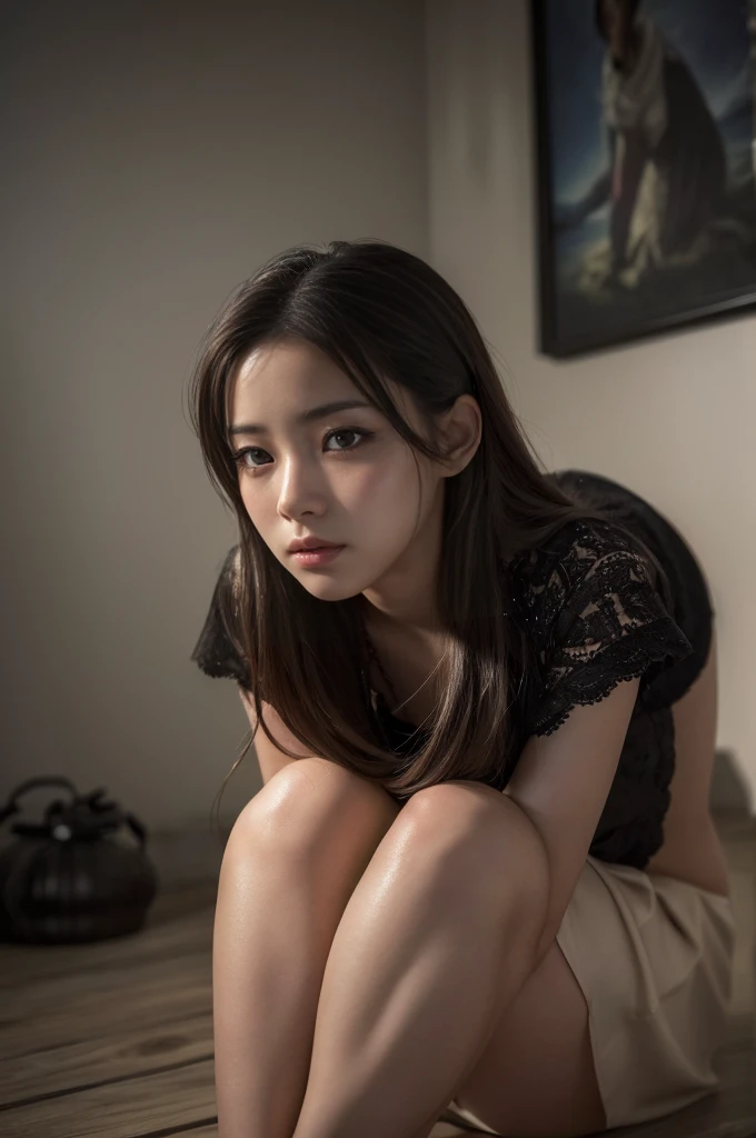(1 girl, beautiful detailed eyes, beautiful detailed lips, extremely detailed eyes and face, long eyelashes, on her knees, submissive, defeated, humiliated, slave, pet, livestock, Korean, short skirt, intimate, trampled, crushed, dominated, (best quality,4k,8k,highres,masterpiece:1.2),ultra-detailed,(realistic,photorealistic,photo-realistic:1.37),dark,moody,dramatic lighting)