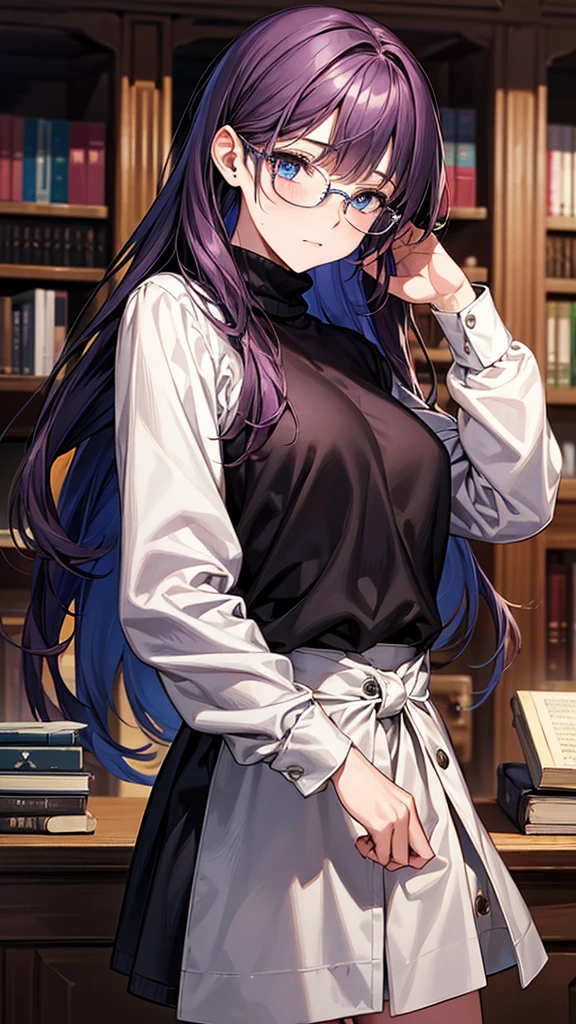 (Top resolution、Distinct_image)top-quality、(A girl) 、​masterpiece、highly detailed, half body, Semi-realistic、 ( blue eyes ) 、18year old,
 ( dark purple hair ) ,young 、Exquisite facial 
An expression of shy, Shy girl,
(Wear glasses) ,Facial features ,variation potrait, long  hair  , teenage, cool , cold sharp eyes, , {Very detailed 8k CG unit wallpaper}, students, whit oversized shirt ,library background, (black sweater on top)
