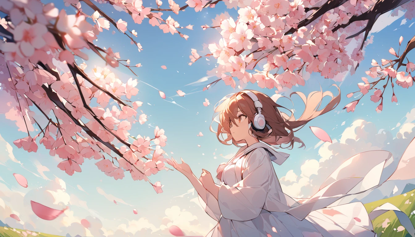 Girl wearing headphones。Brown Hair。1 person。bright。While being blown by the spring breeze、Girl with headphones trying to catch cherry blossom petals。