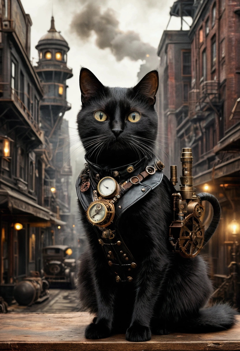 realistic, photography, masterpiece, steampunkcat, steampunkcity, cute black cat in a steampunkcity