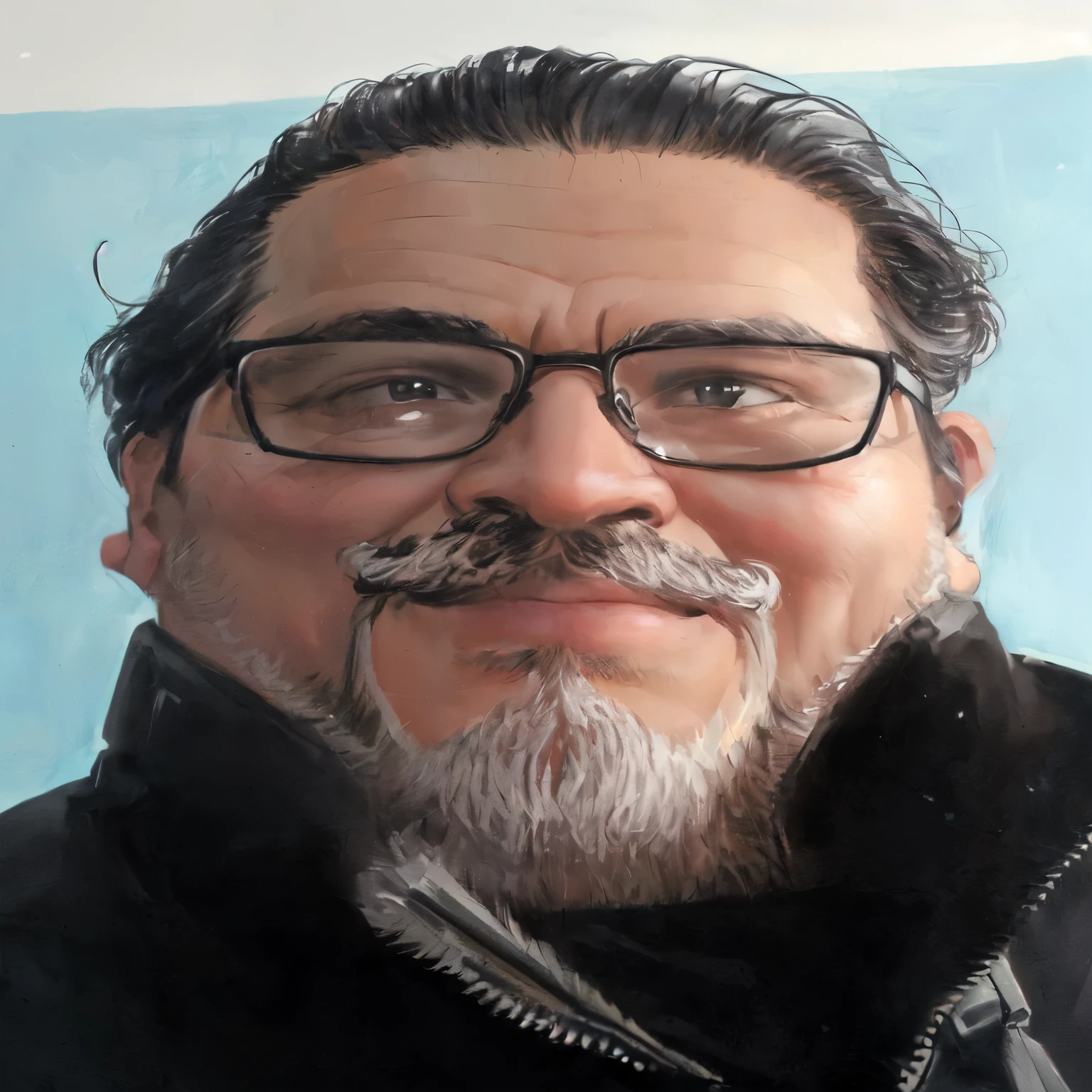 there is a man with glasses, with little beard and little mustache looking at the camera, smiling, two-dimensional plan drawing, highlighted edges, you color with high contrast, retro style drawing from the 80s.