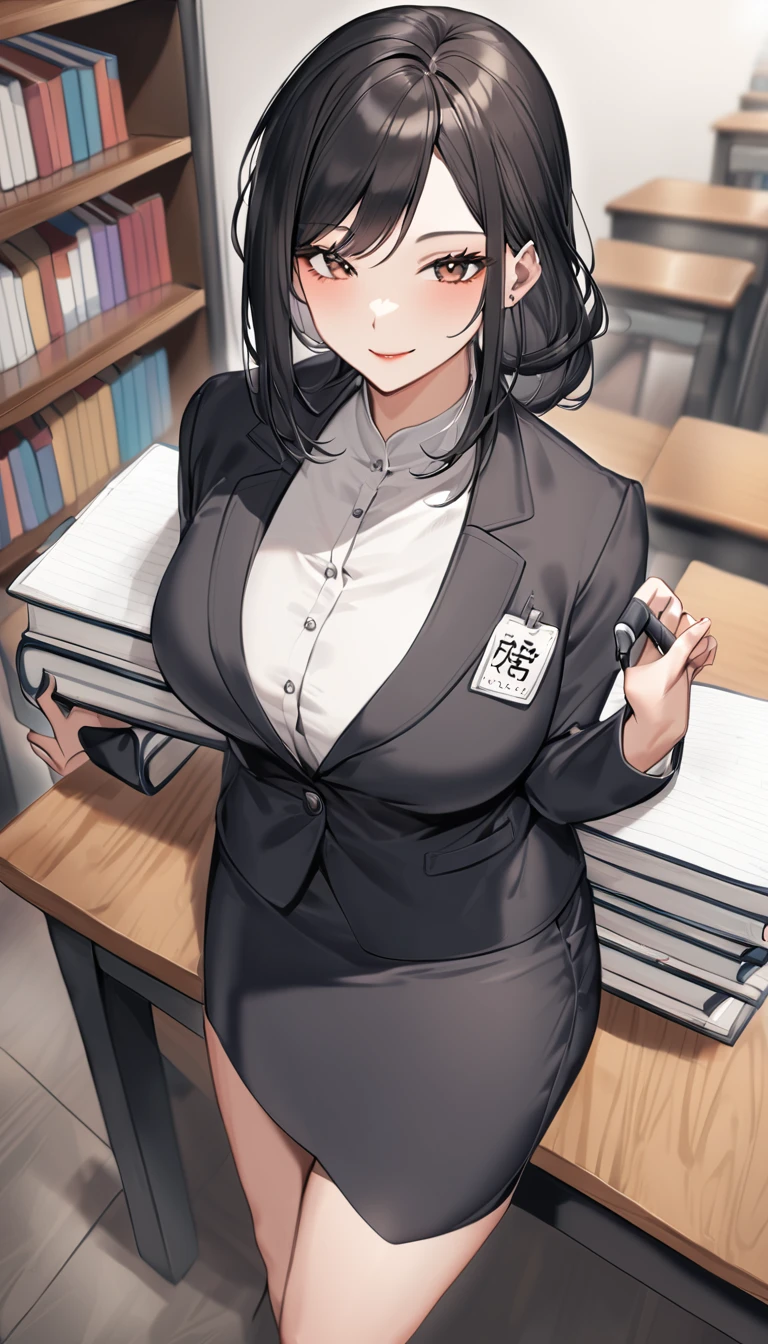 A beautiful Asian woman in her late 30s, with long, straight black hair and a warm, elegant smile. She is wearing a stylish OL (office lady) outfit, consisting of a white blouse, a fitted dark gray pencil skirt, and black high heels. Over her blouse, she wears a tailored black blazer, giving her a professional yet approachable appearance. She has a name tag pinned to her blazer, indicating her role as a teacher. She stands in a classroom with bookshelves and a whiteboard behind her, holding a stack of books in one hand and a marker in the other, exuding confidence and warmth.
