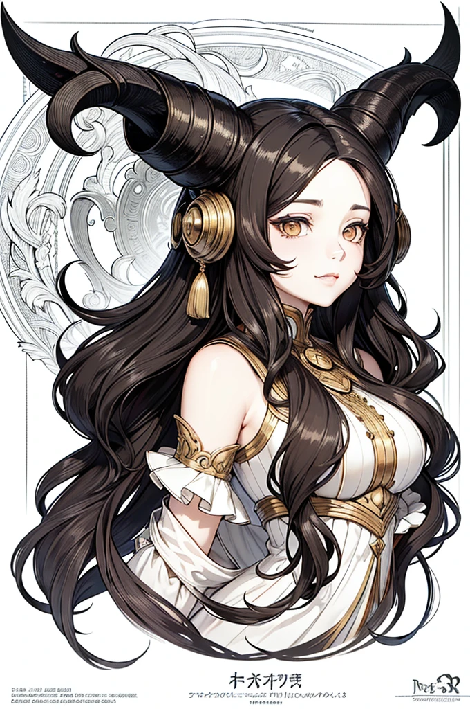A Beautiful woman, long wavy black hair, brown eyes, cat ears and tail, fangs, horns, medium bust, halfbody, nouveau art style, soft lighting, detailed face, concept art, muted colors