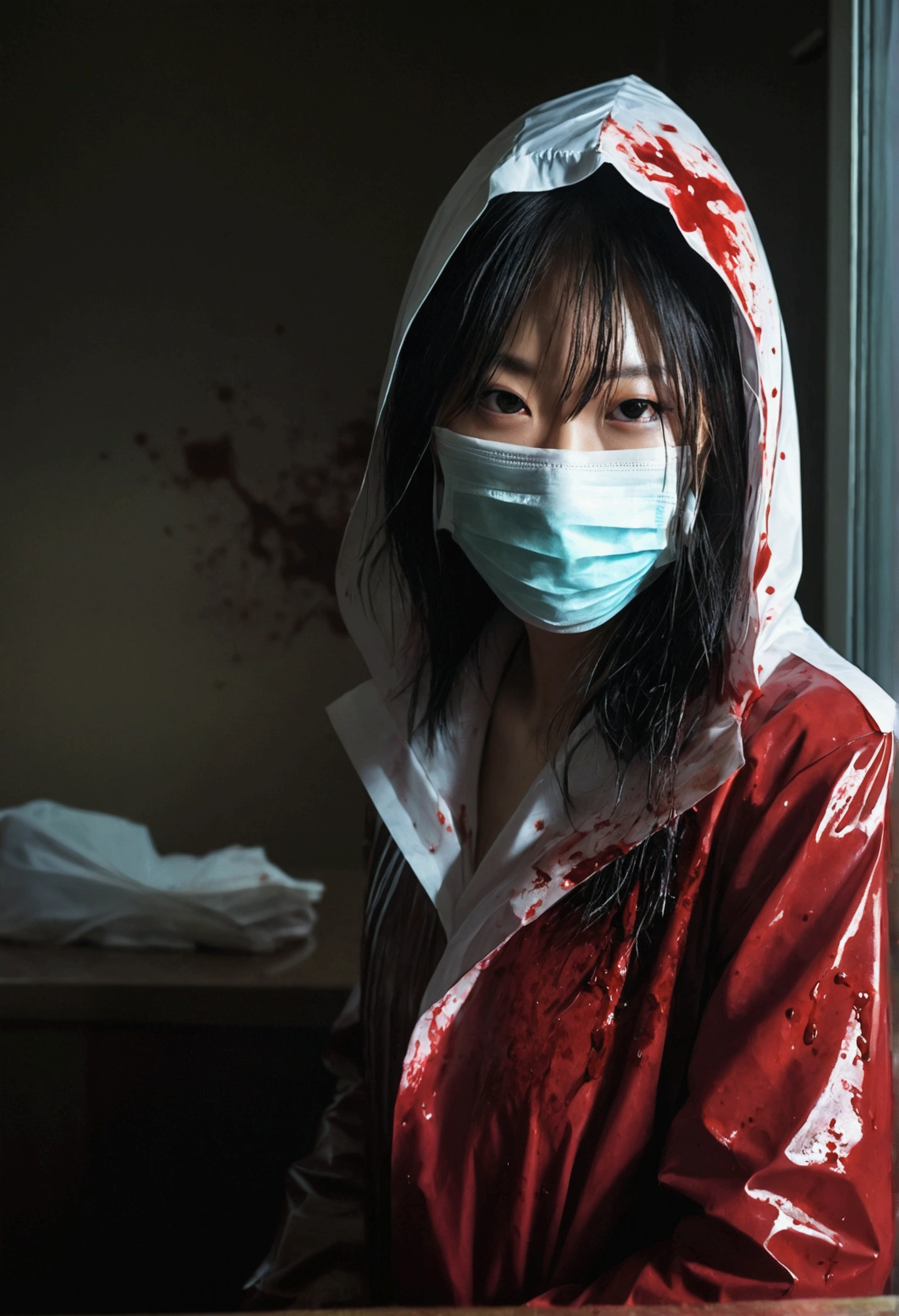 korean girl, (behind corpse, surgical mask), blood splatter, holding knife, stabbing, gloves, room full of blood, transparent raincoat, hood up, holding knife, gloves, behind corpse, long bangs, night, mass murderer, robbery, in the hotel, dark atmosphere, cinematic lighting, atmospheric realistic, light from the window