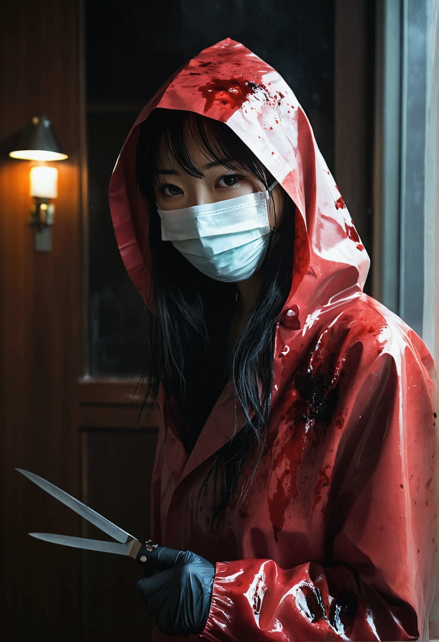 korean girl, (behind corpse, surgical mask), blood splatter, holding knife, stabbing, gloves, room full of blood, transparent raincoat, hood up, holding knife, gloves, behind corpse, long bangs, night, mass murderer, robbery, in the hotel, dark atmosphere, cinematic lighting, atmospheric realistic, light from the window
