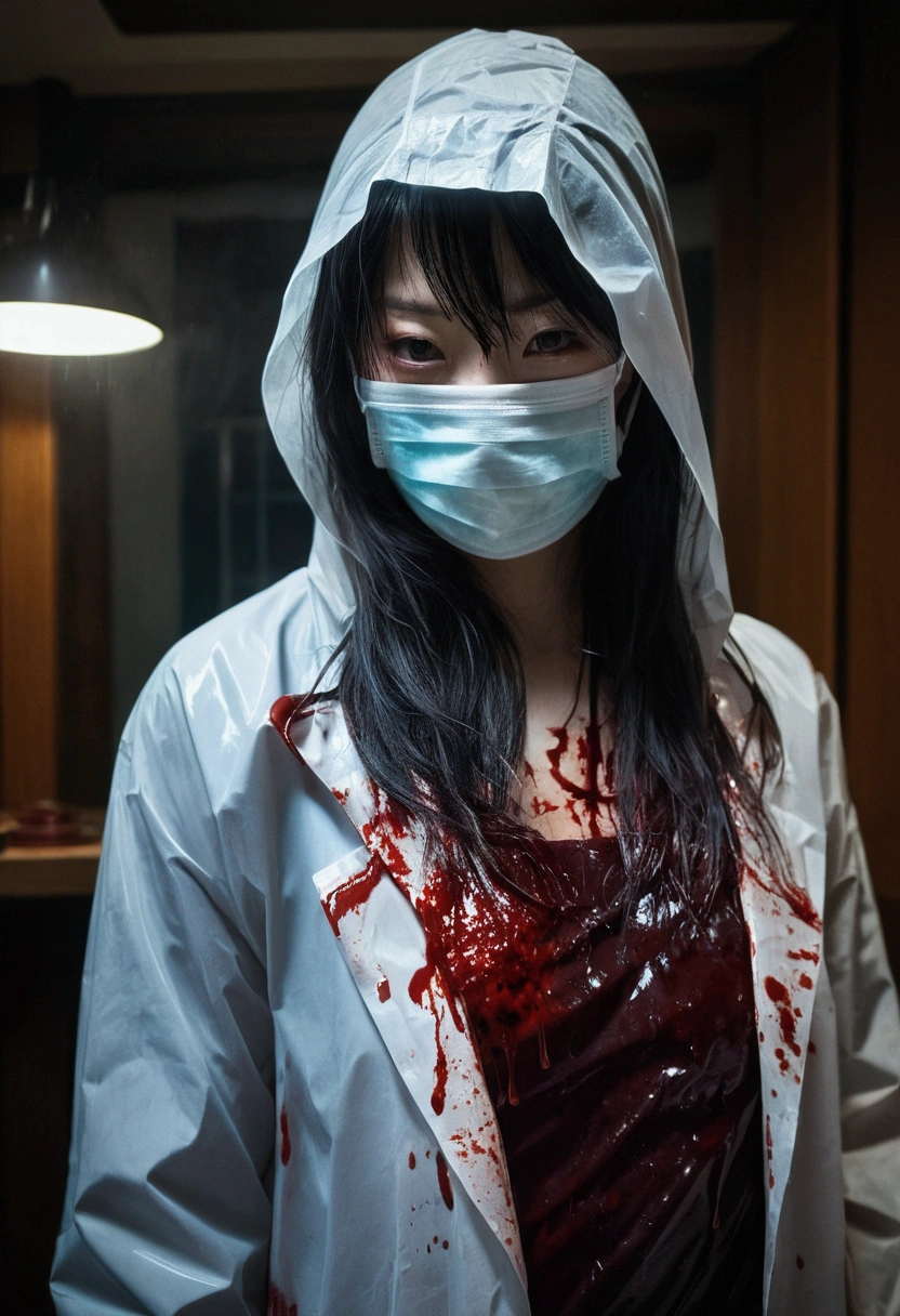 korean girl, (behind corpse, surgical mask), blood splatter, holding knife, stabbing, gloves, room full of blood, transparent raincoat, hood up, holding knife, gloves, behind corpse, long bangs, night, mass murderer, robbery, in the hotel, dark atmosphere, cinematic lighting, atmospheric realistic, light from the window
