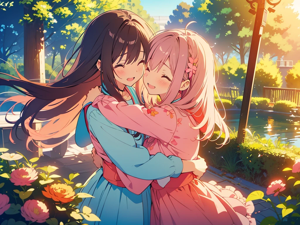 kawaii, anime, Cute, hyper quality, highly detailed, 8k, Clarity, One person has long dark brown hair and green eyes., The other is a young girl with a bright pink short bob and scarlet eyes., Hug each other in Europe's natural water gardens, shed tears, A touching reunion, warm atmosphere, clear blue sky, jump on, whole body, clear air, planted flowers and greenery, Draw facial expressions in detail, highlight on eyes, Close your eyes and cry and laugh, pull perspective, hoodie, Uplifting, jump and hug, Draw the whole body of both of them, light dances, pink hair, Netherlands, pick up a , A small butterfly of light dances, there is a height difference, pink hair, dark brown long hair,