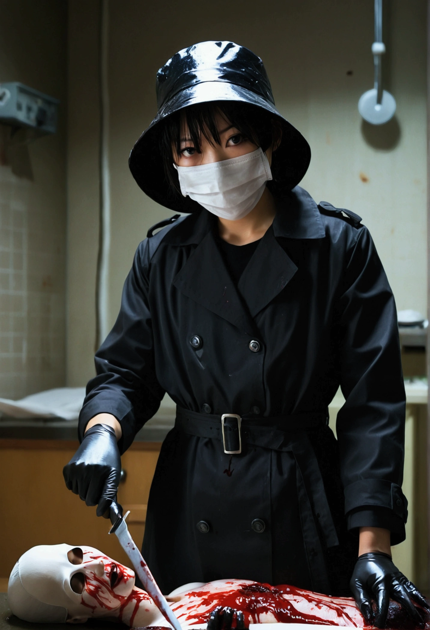 japanese girl, (behind corpse, surgical mask), holding knife, stabbing, black gloves, room full of blood, black trench coat, bucket hat, holding knife, black gloves, behind corpse, blood splatter, short hair, black wet suit, night, mass murderer, robbery, dark atmosphere, cinematic lighting, atmospheric realistic,