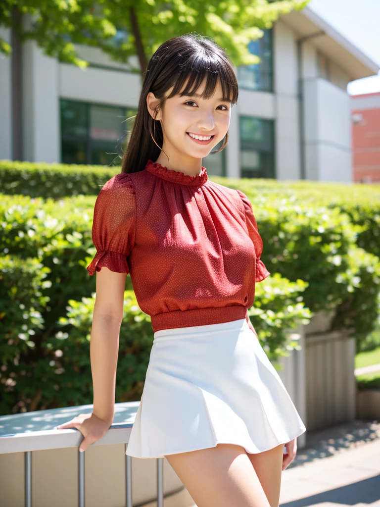masterpiece , Highest quality , Very detailed , 8k , Cute Woman , One girl , blouse , bangs , smile , White teeth , Symmetrical eyes, 半袖blouse、mini skirt、Red Heels、Summer daytime、In front of the campus building、