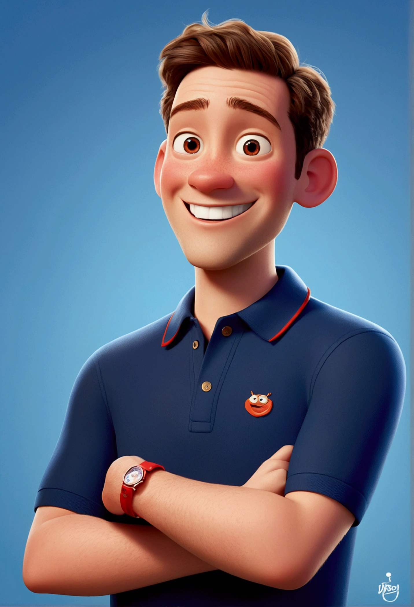 Pixar-style: Create a vibrant, whimsical Pixar-style illustration of a man with light skin, short beard and very short hair. He is wearing a navy blue polo shirt and a red bracelet on his right wrist.. The man has a friendly smile and is clapping his hands. The background is a neutral and simple color, which helps emphasize the subject&#39;s warm and approachable demeanor. The art style should resemble animated series, com linhas limpas, bright colors and a happy, energetic vibe, capturing the texture of the fabric, the subtle tones of your skin and the expression on your face in a fun and engaging way.