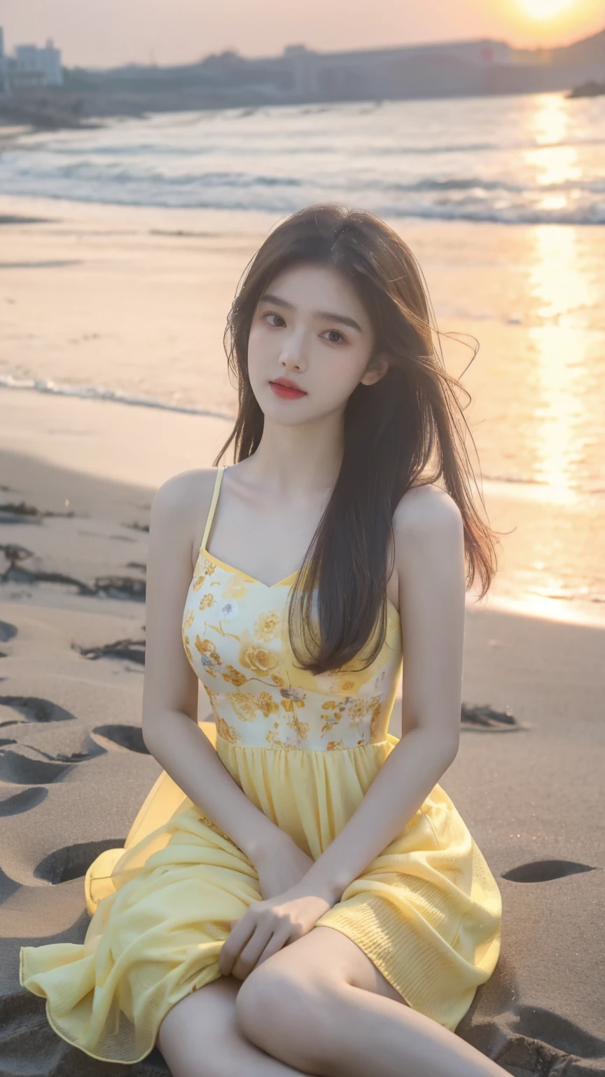 Arafe woman in yellow flower dress on the beach, beautiful korean woman, gorgeous young korean woman, gorgeous chinese model, korean girl, young cute gravure idol, beautiful young korean woman, beautiful asian girl, young and cute girl, say it vadilumrat, super detailed face,Big ,Sexy,Bare shoulders,full,