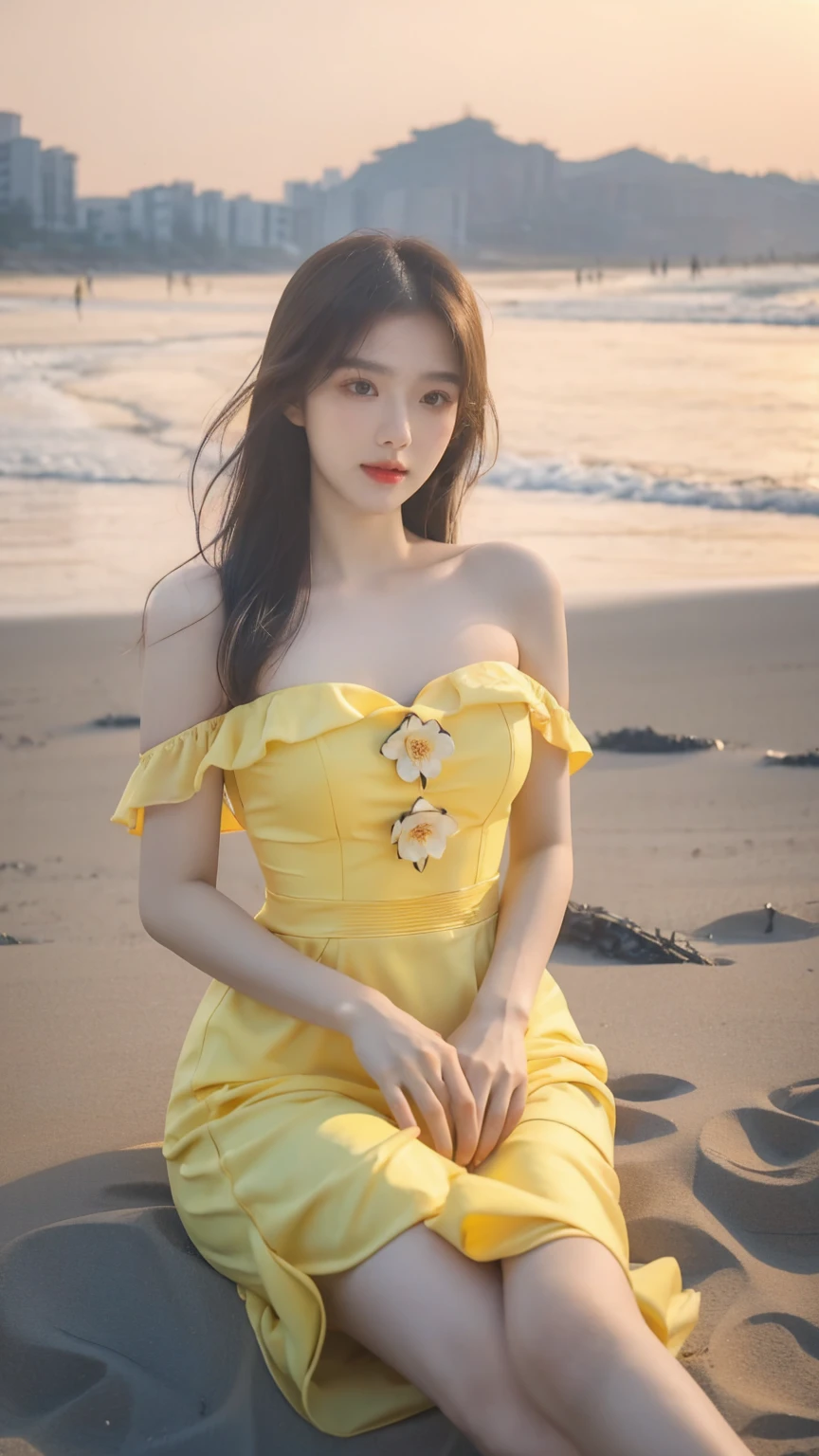 Arafe woman in yellow flower dress on the beach, beautiful korean woman, gorgeous young korean woman, gorgeous chinese model, korean girl, young cute gravure idol, beautiful young korean woman, beautiful asian girl, young and cute girl, say it vadilumrat, super detailed face，Big ，Sexy，Bare shoulders，full，
