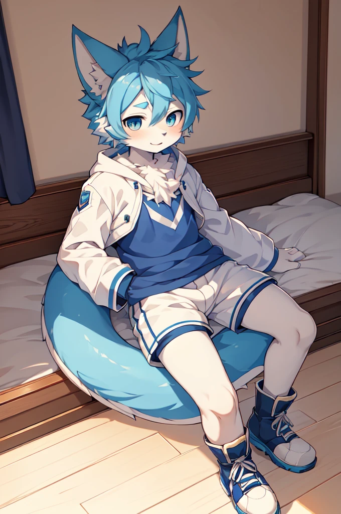 Blue hair,White hair,Blue dragon tail,The end of the tail has white fuzz,hairy,God of Art Super Top Quality, Super detailed, High resolution, Anime cute art style, The best anime, 8k, Kona sauce wallpaper, Pixiv Contest Winners, Perfect anatomical structure, , (Energetic teenager, :1.3), High resolution详细的头发,Iris and pupil are well proportioned,Blue pupils,Blue ears,Single,Light blue coat,White shorts,Boots,in the room