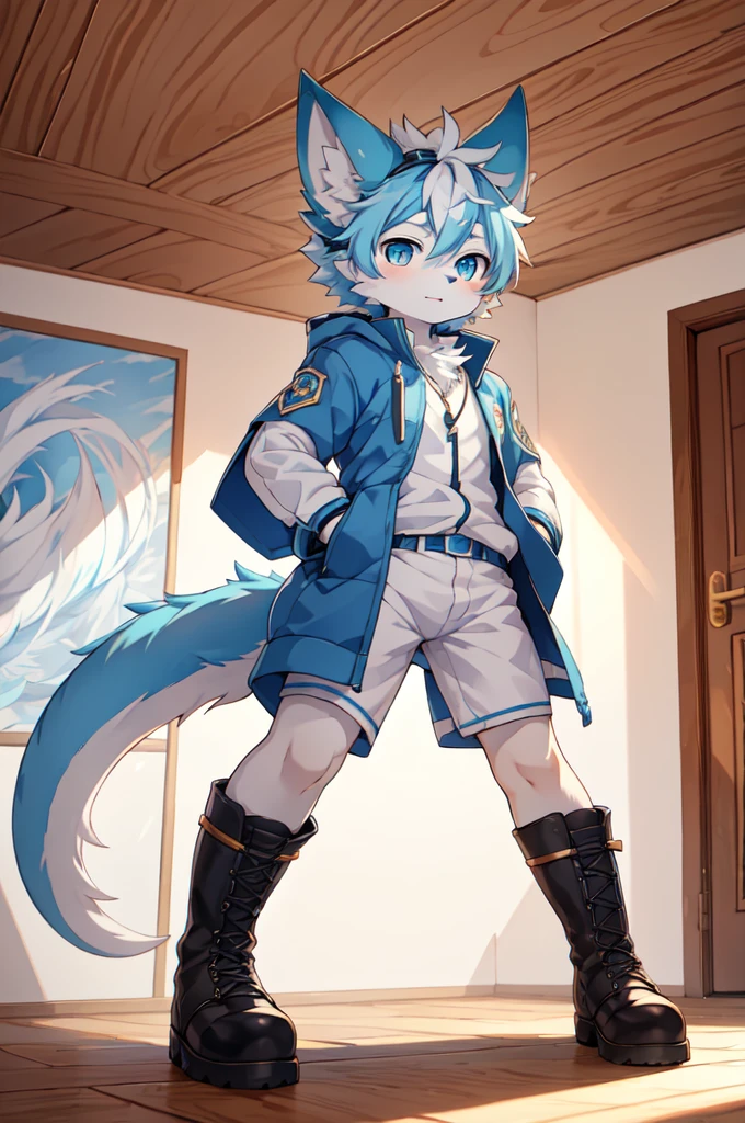 Blue hair，White hair，Blue dragon tail，The end of the tail has white fuzz，hairy，God of Art Super Top Quality, Super detailed, High resolution, Anime cute art style, The best anime, 8k, Kona sauce wallpaper, Pixiv Contest Winners, Perfect anatomical structure, , (Energetic teenager, 13 years old:1.3), High resolution详细的头发，Iris and pupil are well proportioned，Blue pupils，Blue ears，Single，Light blue coat，White shorts，Boots，in the room