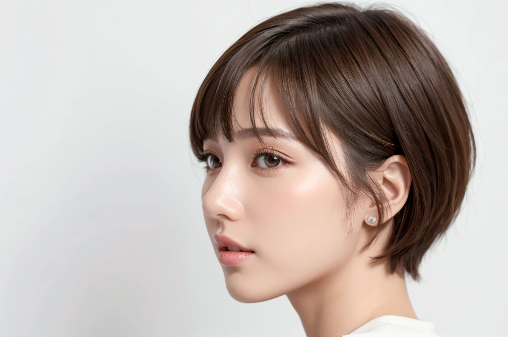 (Highest quality、Tabletop、8k、Best image quality、Award-winning works)、((profile:1.4))、ear、((short hair:1.46)),(Brown Hair)、(White casual clothes:1.2)、(The simplest pure white background:1.3)、(Perfectly fixed in front:1.1),(Portrait with Space:1.2)、Beautiful and exquisite、Perfect Makeup、Ultra-high definition beauty face、Ultra HD Hair、Ultra HD Shining Eyes、Super high quality glossy lip、Accurate anatomy、Very beautiful skin、(Pure white skin shining in ultra-high resolution:1.1)、(Very bright:1.2),Big Natural Color Lip、Lip gloss,Harajuku、cute、cute美人