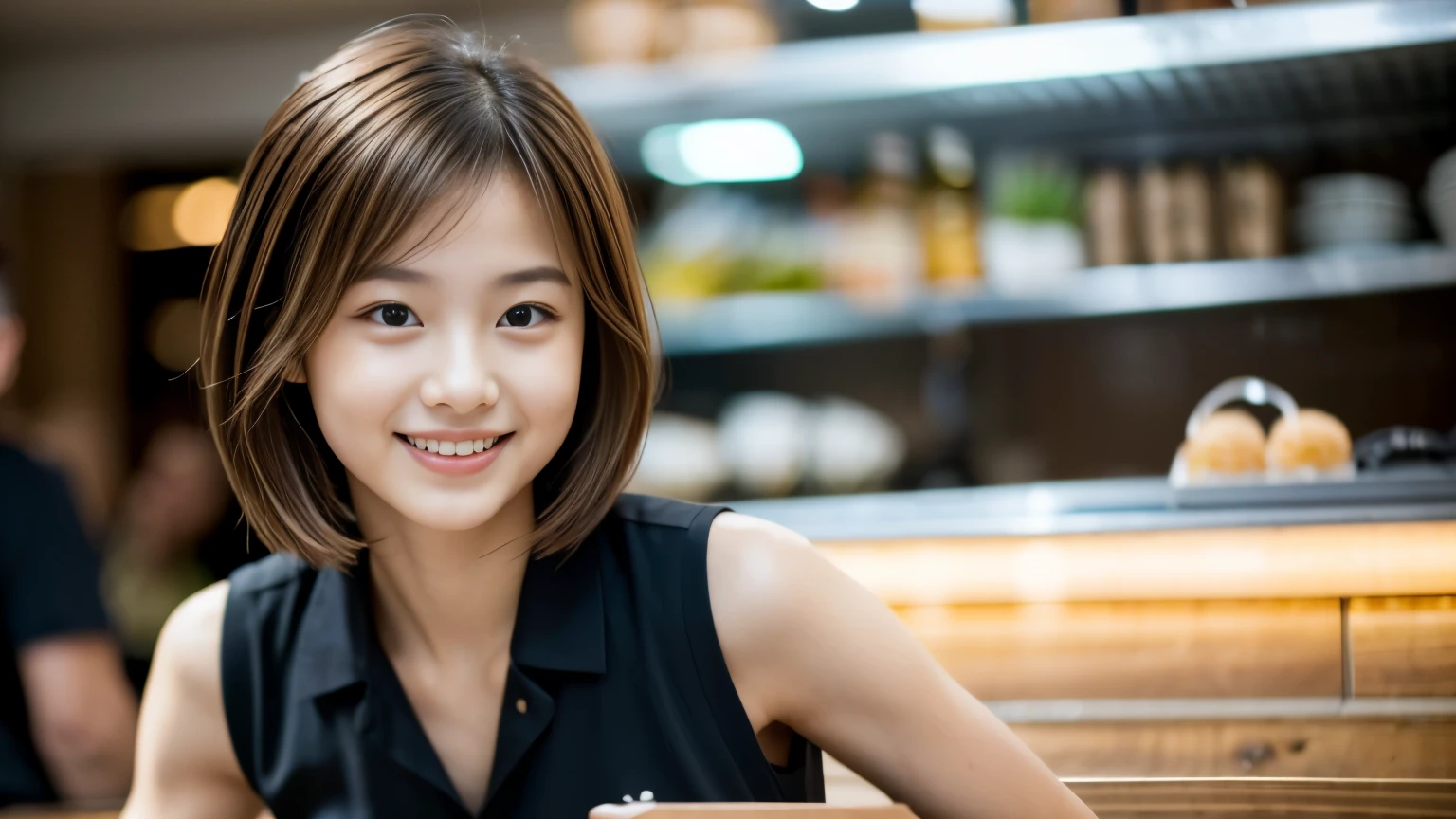 super high quality, Fashion Model, smile, Slenderのネックレス, Slender, The staff is working at the counter in the back., (8k、RAW Photos、Highest quality、masterpiece:1.2), Stylish café, (Realistic、Photorealistic:1.37), Beautiful Face , Mesh Hair, Urban Cafe, Golden Ratio, Raw photo, Light Brown Hair, Small breasts, Bright cafe interior, Blurred Background, Famous actress, Summer clothes, Beautiful hairstyle, Photographed inside the cafe, Hair blowing in the wind, ponytail, Very Short Hair, 18-year-old, 
