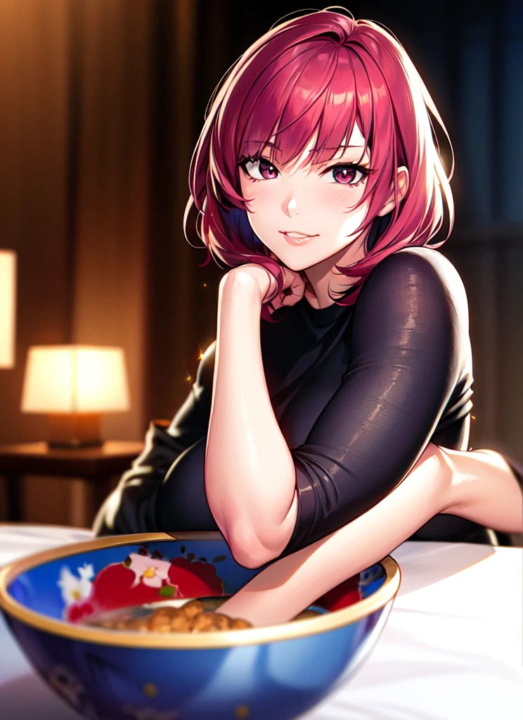 {{kana arima:1.9}}, {Oshinoko}, (8K), ((Best Quality)), (Ultra-Detailed), High Resolution, Extremely Details CG, ((Photorealistic:1.2)), official art, by famous artist, perfect hands, perfect anatomy, super detailed skin, Beautifully Detailed Eyes, Beautifully Detailed Skin, Beautifully Detailed Hand, Beautifully Detailed Fingers, Beautifully Detailed Lip, Shiny Skin, Shiny Skin, Glossy Skin, PUPILS SPARKLING, Moody Lighting, Film Reflection, Deep Rendering, beautiful countenance, 1 girl in, Solo, 25 years old, pink-red-purple hair, (bowl cut hair), (大きくて丸い目), red-black eyes, room, night, 黒のTシャツ, 青いスカート, full body, smug,