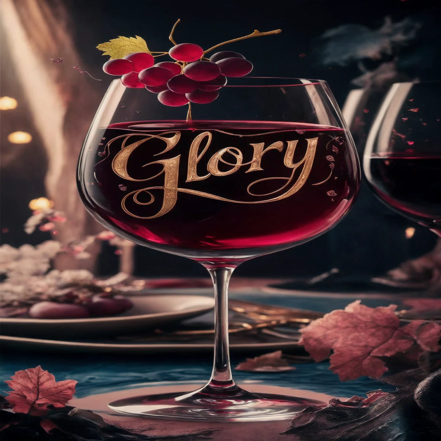 A fascinating high-definition illustration of a deep red wine glass, featuring a small bunch of grapes floating delicately above the surface of the wine. The wine glass is adorned with the name "Glory" in elegant, elaborate gold script that exudes sophistication and elegance. The background portrays a romantic scene with soft lighting and subtle details, creating a charming atmosphere. The perfect fusion of illustration, vibrant colors and typography adds sophistication and appeal to the scene. The dark fantasy theme introduces an air of mystery and intrigue, captivating the viewer and immersing them in a captivating atmosphere, photography, vibrant, illustration, dark fantasy, typography, 3d render, cinematic