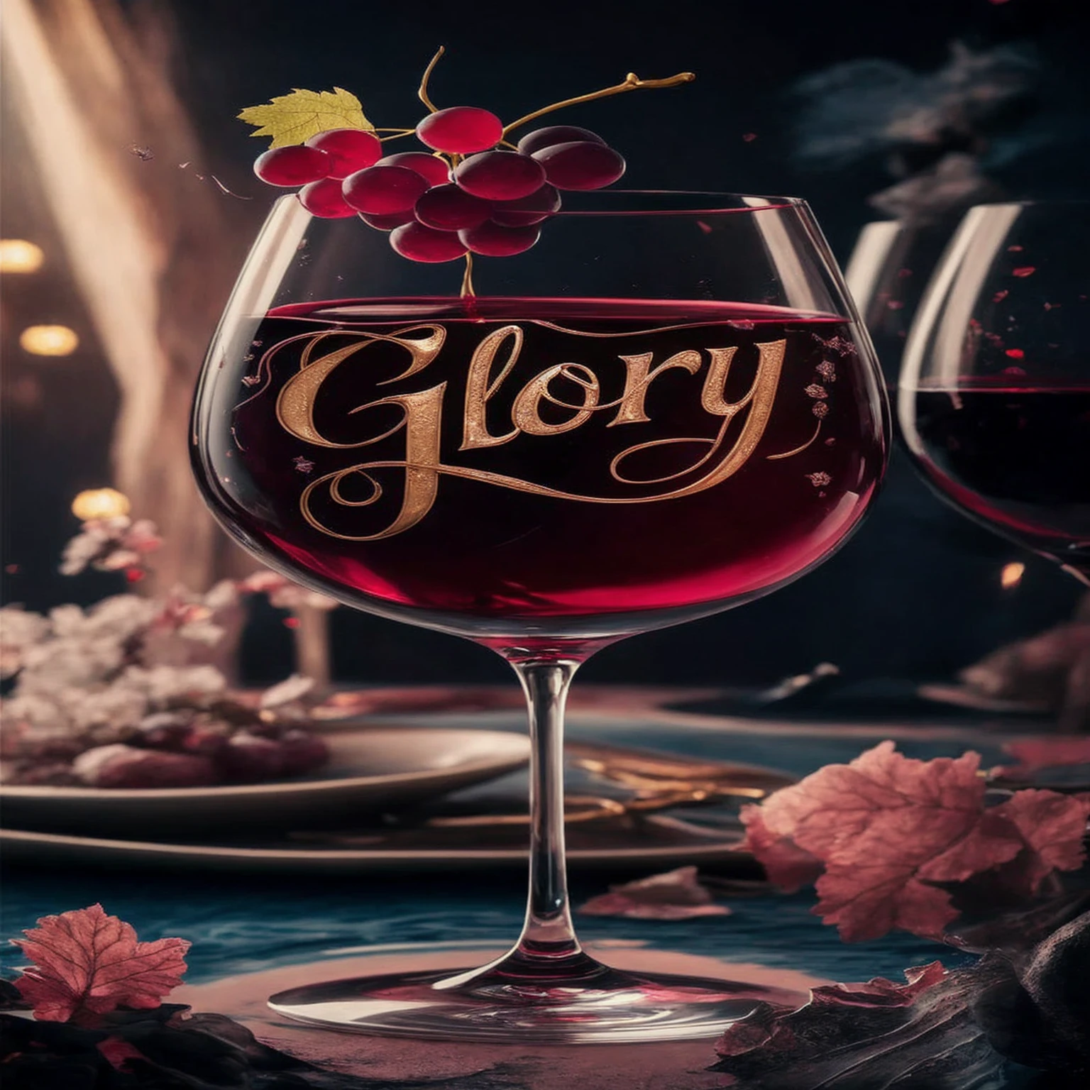 A fascinating high-definition illustration of a deep red wine glass, featuring a small bunch of grapes floating delicately above the surface of the wine. The wine glass is adorned with the name "Glory" in elegant, elaborate gold script that exudes sophistication and elegance. The background portrays a romantic scene with soft lighting and subtle details, creating a charming atmosphere. The perfect fusion of illustration, vibrant colors and typography adds sophistication and appeal to the scene. The dark fantasy theme introduces an air of mystery and intrigue, captivating the viewer and immersing them in a captivating atmosphere, photography, vibrant, illustration, dark fantasy, typography, 3d render, cinematic