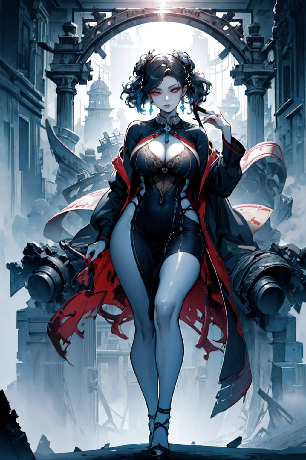 A fantastic and mysterious island,Ruins of an ancient civilization,Flying Ship,Flying Whale,(Highest quality,Extremely detailed depiction,Incredible high resolution,Anatomically accurate depiction,Nice hands, Perfect Fingers,Curvy Legs),(Glowing Skin,Glowing Skin),A fantastic goddess in a gorgeous outfit,There is cleavage in the chest,Glossy Lips,Sweat,Young and beautiful woman,,A mysterious sight,Island Focus,Fantasy