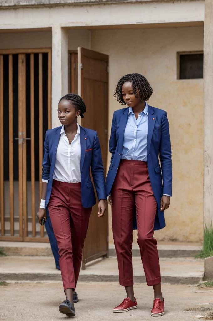Dans la cour d'un lycée en Afrique, au premier plan 3 jeunes lycéens dont deux garçons portant pantalon kaki et short rouge, au milieu d'eux une fille portant une jupe bleu et une chemise blanche.
