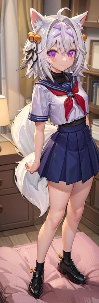 masterpiece, best quality, messy bedroom, day, 1girl, solo, filian, white hair, short hair, ahoge, animal ears, hair bell, hairband, vibrant purple eyes, half smile, white fluffy fox tail, , short sleeve white blouse with red ribbon, blue short skirt, black leg stocking, school black shoes with heals, full body pose, innocent pose,