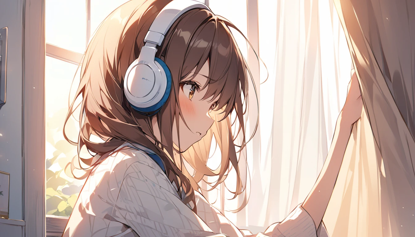 Girl wearing headphones。Brown Hair。1 person。bright。In a room where the light of dawn shines in、A girl wearing headphones while opening the curtains and feeling the morning sun。