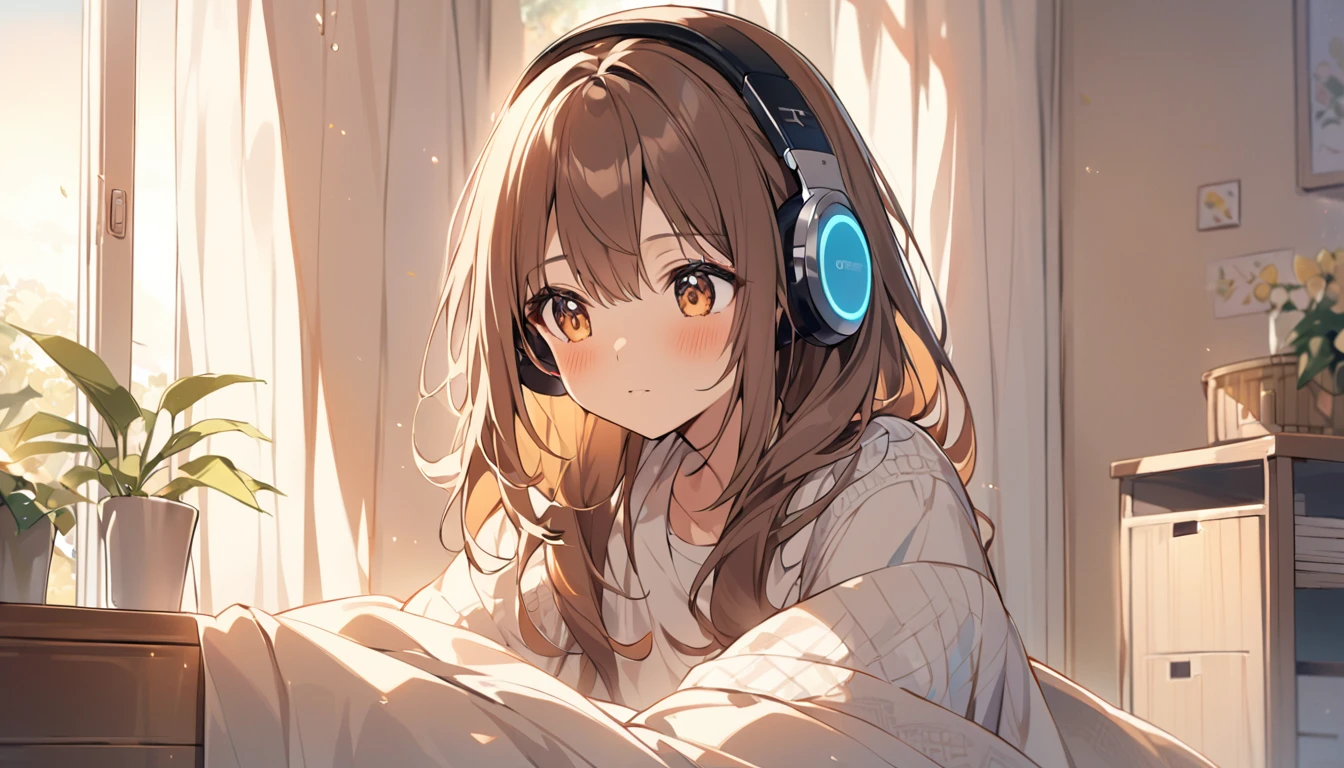 Girl wearing headphones。Brown Hair。1 person。bright。In a room where the light of dawn shines in、A girl wearing headphones while opening the curtains and feeling the morning sun。