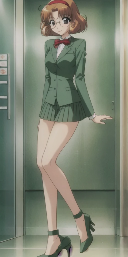 fuu hououji, 4k portrait, looking at viewer, 1girl,short hair,light brown hair,Glasses,((red hairband)),green blazer,mini skirt,(green high heels:1.4), smile,masterpiece,Noise Reduction,perfect anatomy,high resolution, ultra-detailed,game cg,dutch angle ,beautiful detailed eyes,visualart,five fingers, perfect hands, perfect lighting,BREAK (pants,1.5), full body, sit on a chair,arms at sides, BREAK (indoor:1.6), ( elevator room:1.8), She's in the elevator