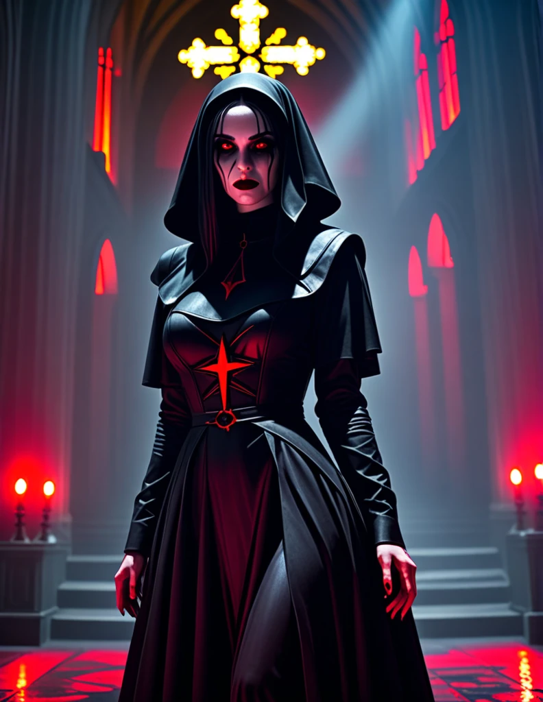 raw, analog) (gothic nun huge breast), set in the 1990's, surreal make up, leather clothes inside a gothic church at night, neon lights, very dark, horror, red shades, chaos, sinister, high details, ultra realistic, SonyA7III, cinematic lighting, film, grain, UHD faces, volumetric shadow, insanely detailed,