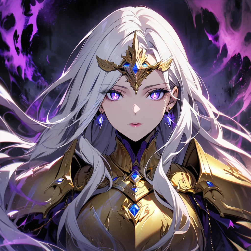 woman, blue eyes, long hair, white hair, mature, god eyes, diamond earings, glowing right eyes, two colors eyes, purple eyes, golden armor, dark aura, main face, front face, dark aura