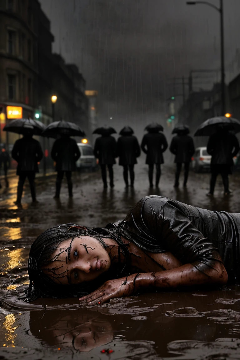 People lying in the mud or a dark, wet street, unable to rise. The background is bleak and rain-soaked, focusing on their expressions of defeat and helplessness.