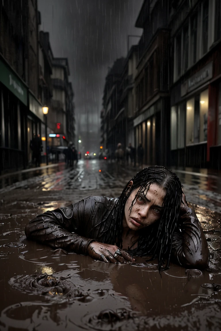 People lying in the mud or a dark, wet street, unable to rise. The background is bleak and rain-soaked, focusing on their expressions of defeat and helplessness.
