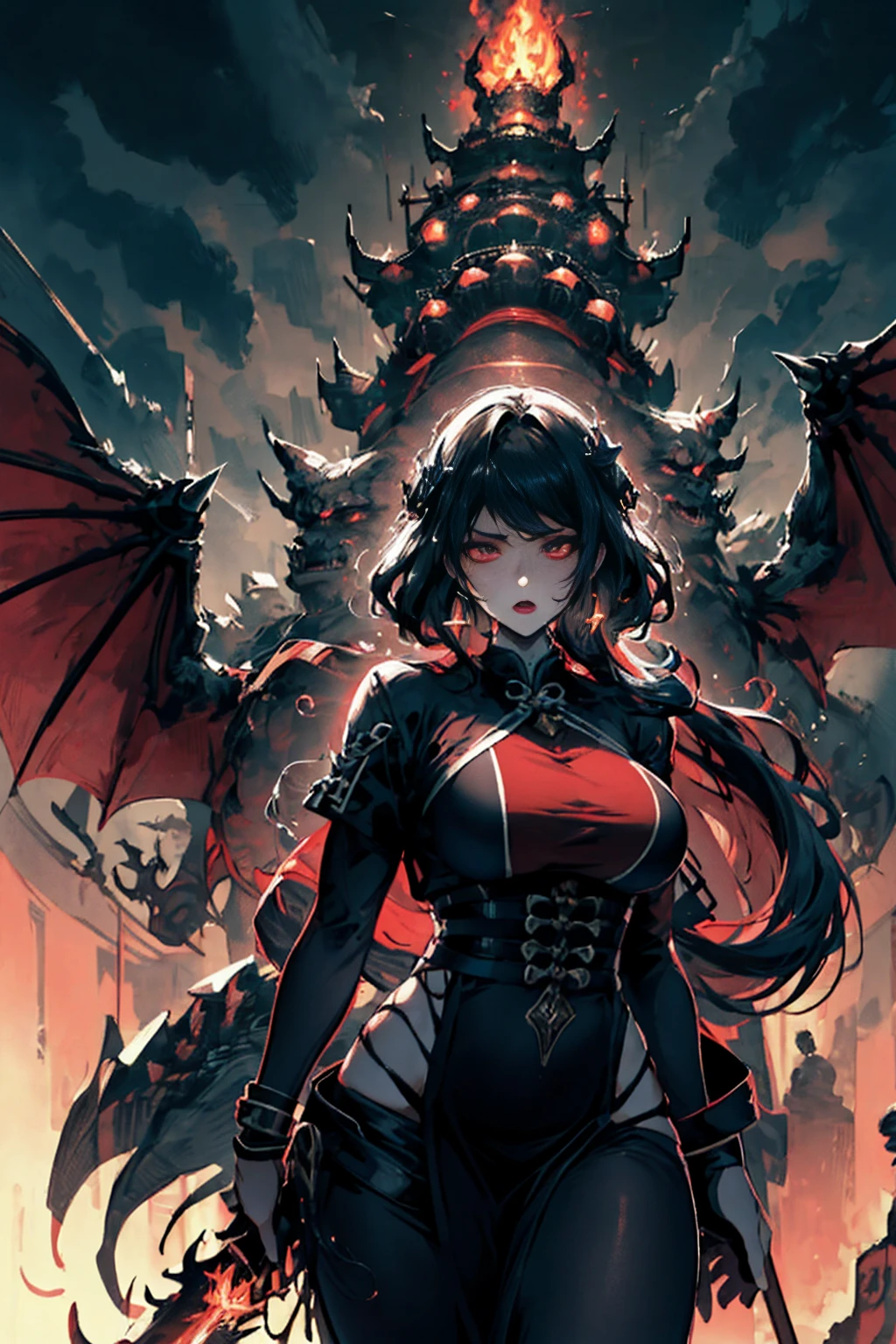 4 young men and women(Highest quality,Extremely detailed depiction,Incredible high resolution,Anatomically accurate depiction),(Glowing Skin,Glowing Skin,Sweat),Fighting a giant dragon,Warrior with a sword,Warrior with a shield,Wizard casting fire spells,Praying monk,background:Demon World,Fantasy,Lightning in the sky,huge black dragon,monster