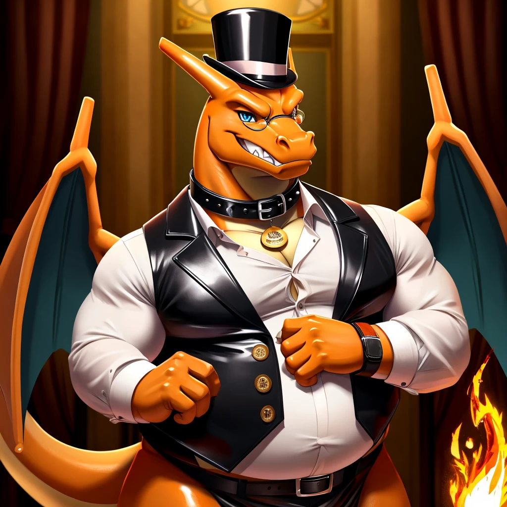 Solo, Male, fat, extremely obese, gentleman, dapper Professor Charizard, blue eyes, (posing:1.3), (soft shading), 4k, hi res, ((detailed face, detailed)), looking at viewer, mouth wide open, steampunk, dapper clothing, collared shirt with buttons, top hat, male focus, Explorer Outfit, glasses, monocle, vest with buttons, sleeves rolled up, round eyewear, brown headwear, brown vest, office, Charizard is wearing a glossy leather dog collar around the neck, Charizard is wearing the leather collar and shirt and vest at the same time, Charizard is wearing glossy white rubber gloves on the hands, wearing white rubber gloves on the feet, gloves are rubber in texture, clenching teeth, clenching fists, leather collar is glossy and shiny with a lot of detail, Charizard is wearing gloves and leather collar at the same time, leather collar has a round dog-tag, leather collar is thick and detailed, leather collar is glossy and shiny, fancy clothing, dapper vest, dapper shirt, leather collar is thick, glossy leather collar.