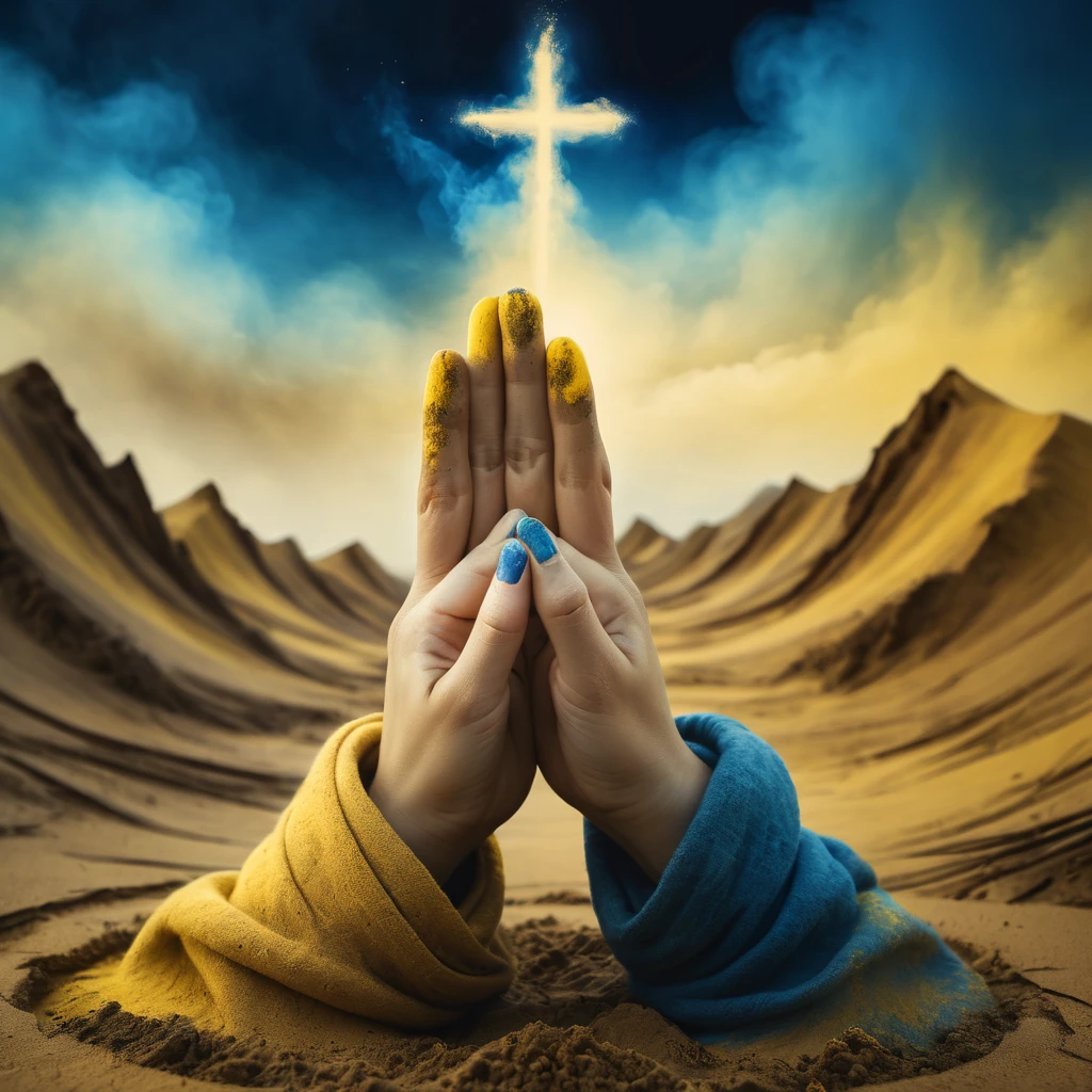 Make a dreamy mysterious horror style image symbolizing anxiety and hope, symbols of crossed fingers, warm yellow earth colors mixed with blue