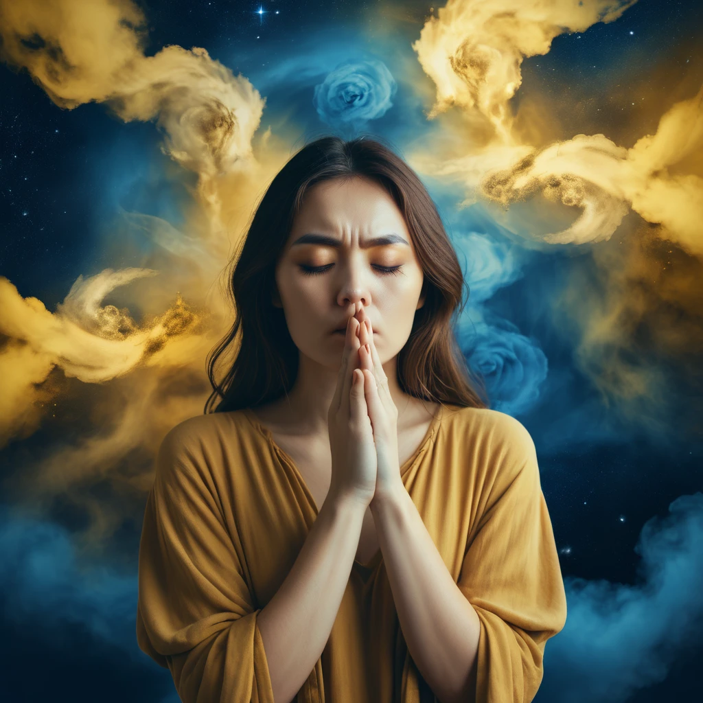 Make a dreamy mysterious horror style image symbolizing anxiety and hope, symbols of crossed fingers, warm yellow earth colors mixed with blue
