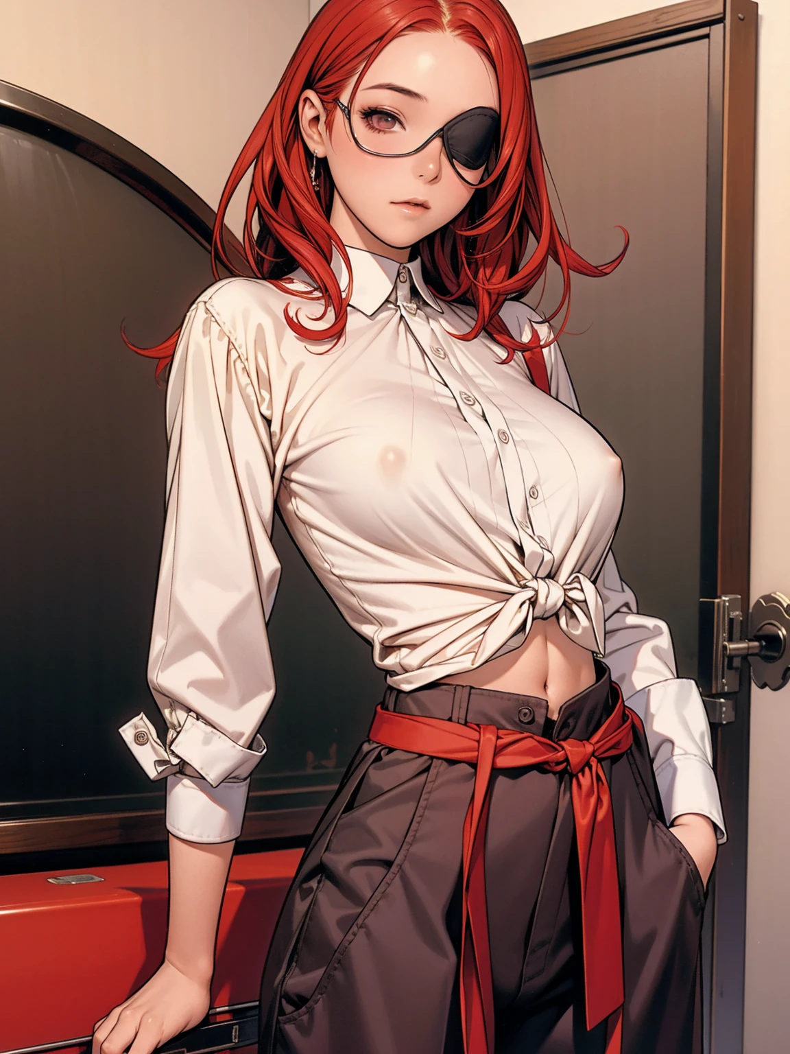 A young girl with messy red hair, wearing an eye patch over the left eye, wearing baggy firefighter pants, short top with the belly exposed and a blouse tied at the waist