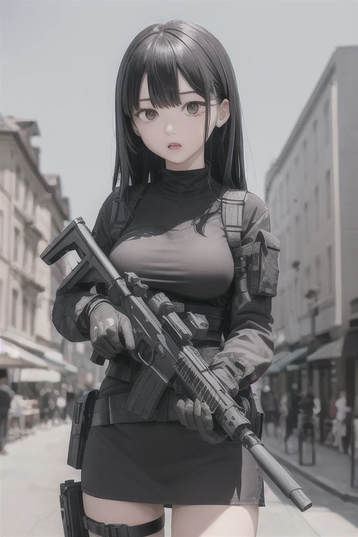 (masterpiece:1.4),(best quality:1.4)(high_resolution:1.1),(detailed),Graphic_Novel,(detailed city background),1girl, (upper_body ),surprised face  ,White skin,medium_breasts, short dress, dramatic light,  gun, weapons, holding a rifle with both hands, assault rifle,HK416, virtualgirl-aim, medium breasts, straight hair, long hair, black hair, black eyes,  