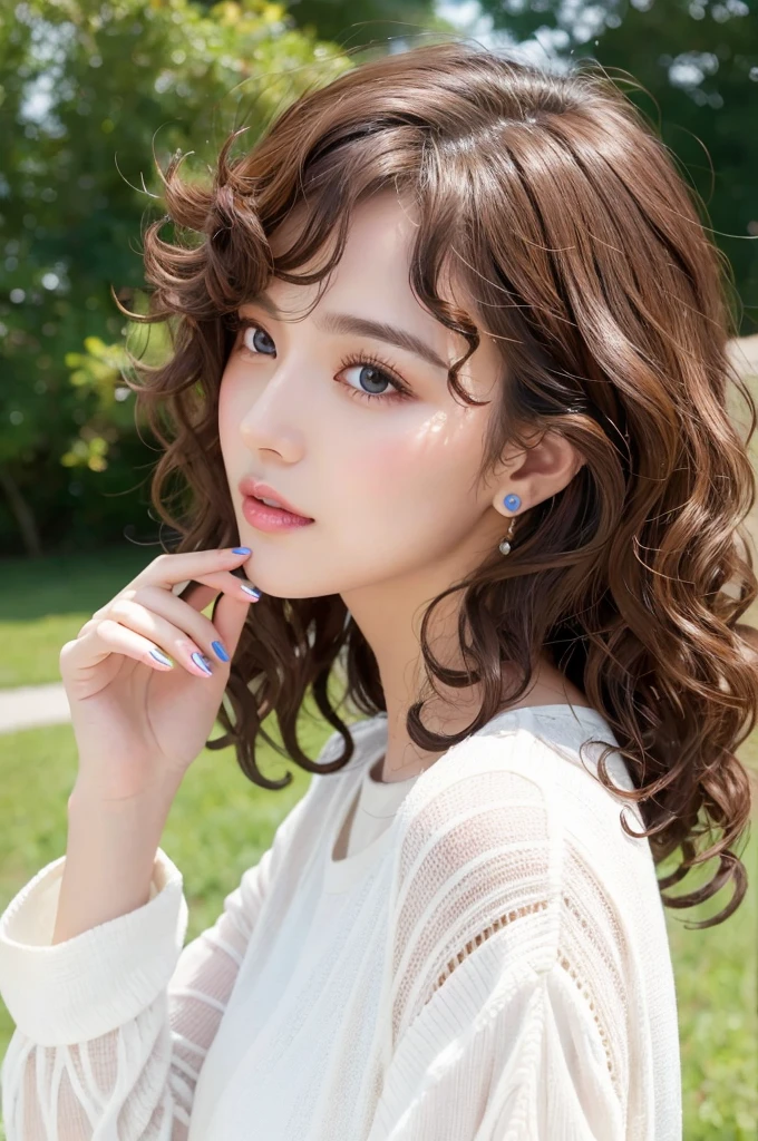 (Highest quality、Tabletop、8k、Best image quality、Award-winning works)、((profile:1.4))、ear、((Medium curly hair:1.46)),(Brown Hair)、(White casual clothes:1.2)、(The simplest pure white background:1.3)、(Perfectly fixed in front:1.1),(Portrait with Space:1.2)、Beautiful and exquisite、Perfect Makeup、Ultra-high definition beauty face、Ultra HD Hair、Ultra HD Shining Eyes、Super high quality glossy lip、Accurate anatomy、Very beautiful skin、(Pure white skin shining in ultra-high resolution:1.1)、(Very bright:1.2),Big Natural Color Lip、Lip gloss,Harajuku、cute、cute美人