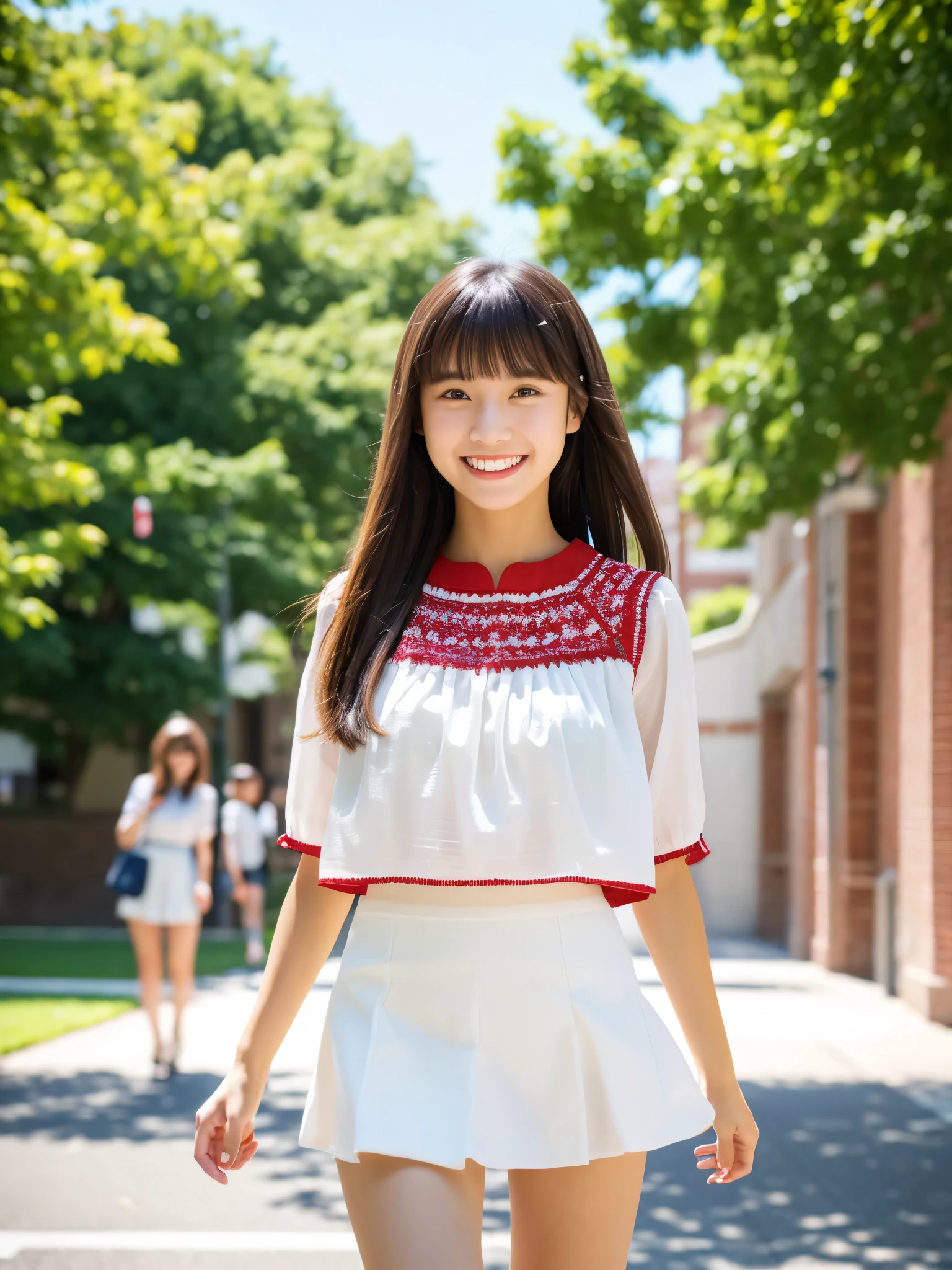 masterpiece , Highest quality , Very detailed , 8k , Cute Woman , One girl , blouse , bangs , smile , White teeth , Symmetrical eyes, 半袖blouse、mini skirt、Red Heels、Summer daytime、In front of the campus building、