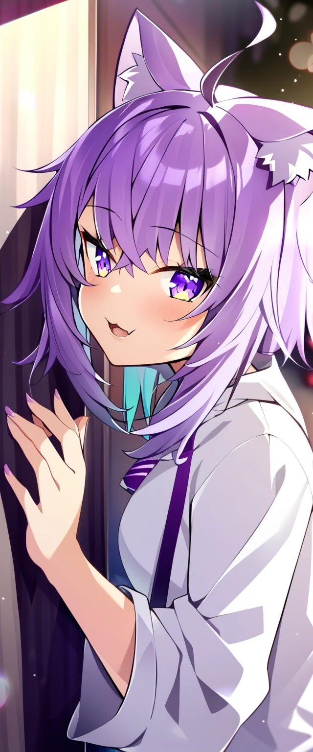 one girl, Nekomata Okayu, cat ears, purple hair, naive